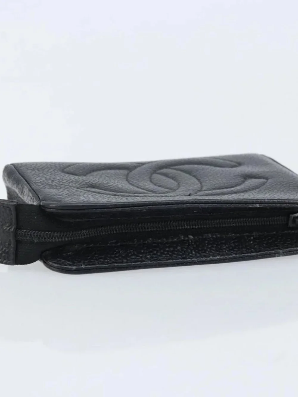 CHANEL COCO Mark Pouch Grained Calf Skin Black Gold CC Auth AMZ108